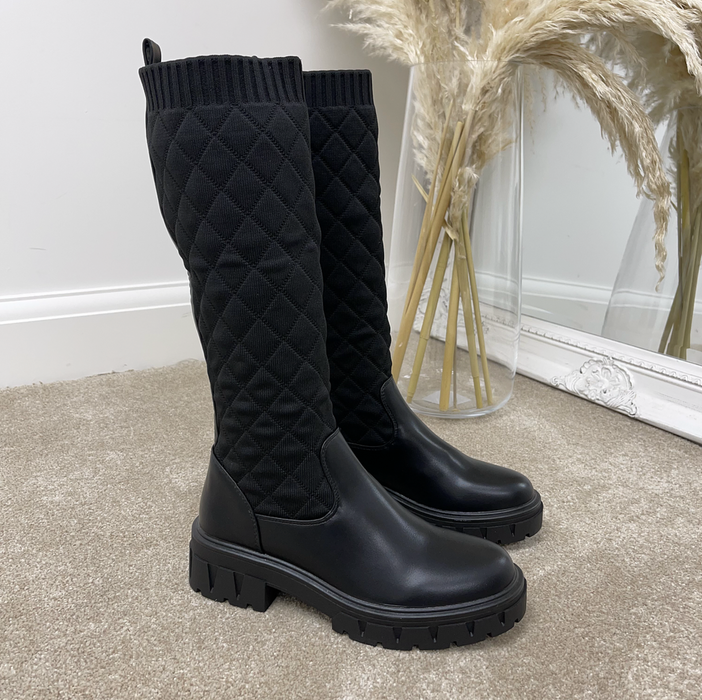 Keely - Black Faux Leather with Quilted Fly Knit Chunky Sole Knee-High Boots