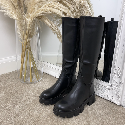Steffie - Black Faux Leather Chunky Sole Knee-High Boots