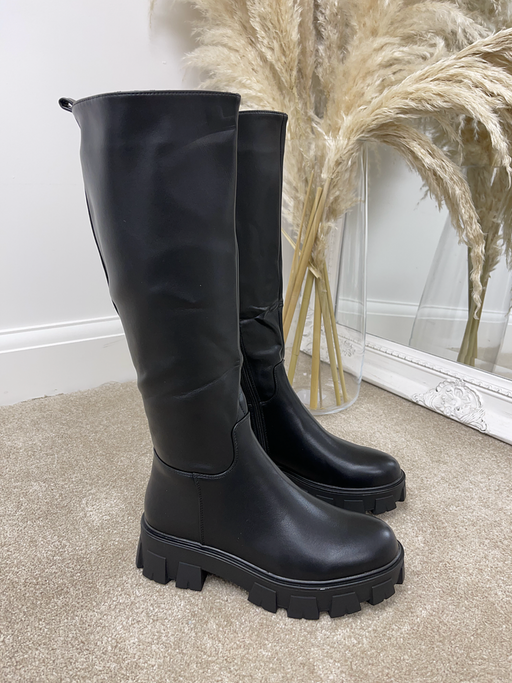 Steffie - Black Faux Leather Chunky Sole Knee-High Boots
