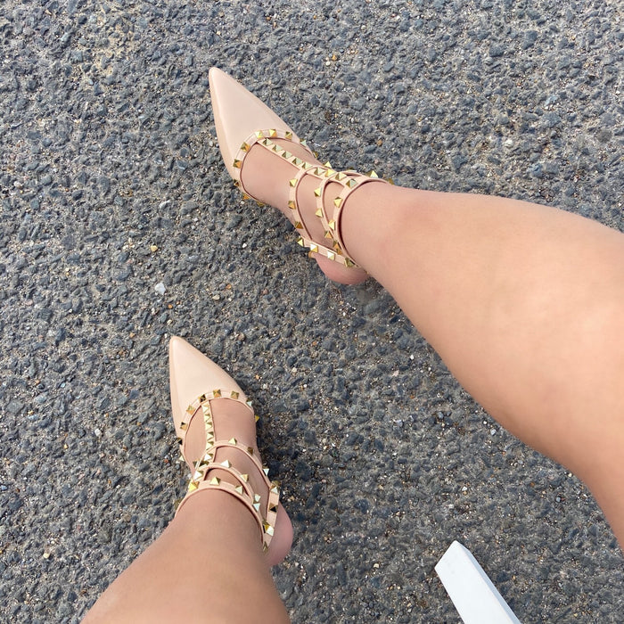 Verity - Nude Patent with Nude Strappy Gold Studded Pointed Stiletto Heels