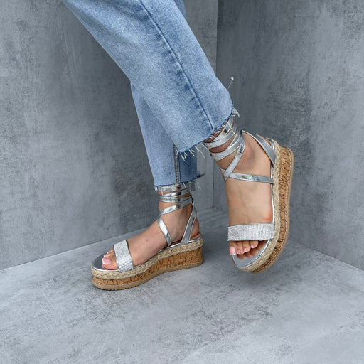 Elena - Silver Diamanté Tie Up Cork Flatform Sandals