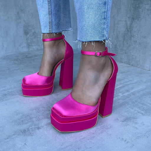 Donatella - Pink Satin Platform Block Heels