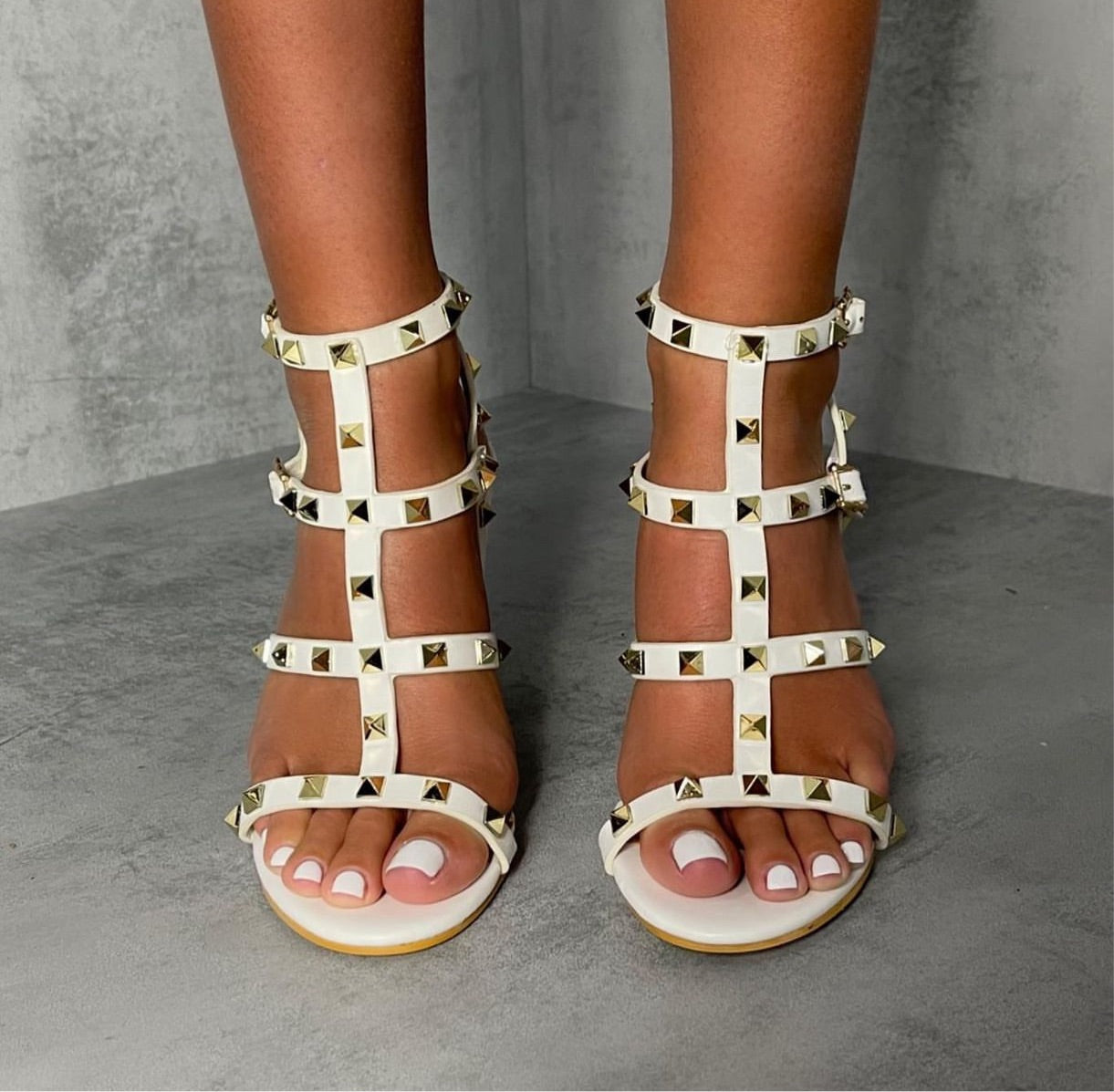 Roxanne - White Strappy with Gold Stud Detail Block Heels