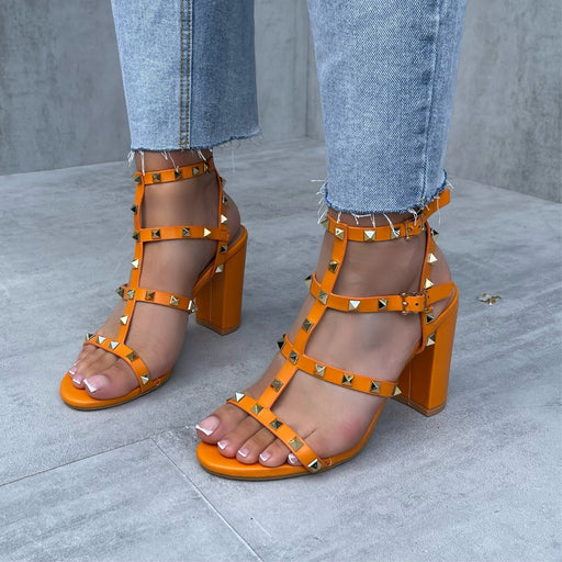 Roxanne - Orange Strappy with Gold Stud Detail Block Heels