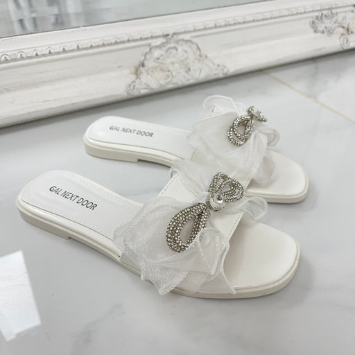 Henney - White Organza Bow Square Toe Silver Detail Slip On Sandals