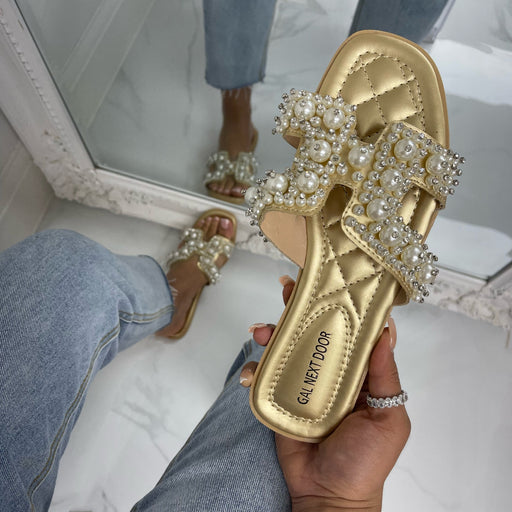Penelope - Gold with Pearl H Style Square Toe Slip On Sandals