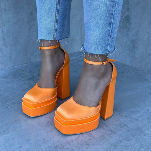 Donatella - Orange Satin Platform Block Heels