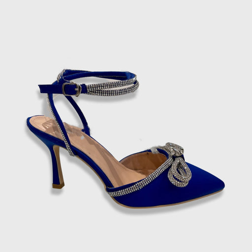 Francesca - Blue Wrap Around Diamante Bow Pointed Toe Mid Heels