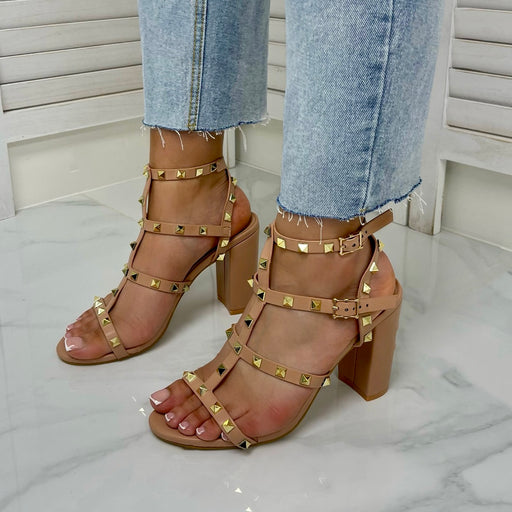 Roxanne - Nude Strappy with Gold Stud Detail Block Heels