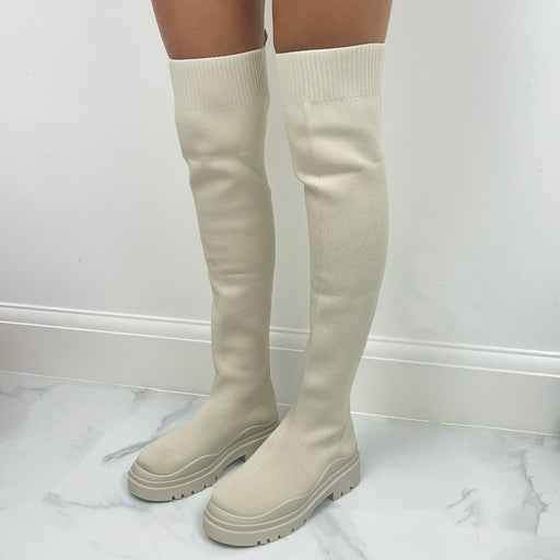Marlyn - Cream Stretch Thigh High Chunky Sole Boots