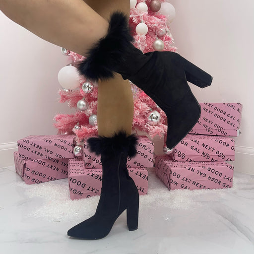 Violet - Black Faux Suede Pointed Toe with Fur Trim Block Heel Ankle Boots