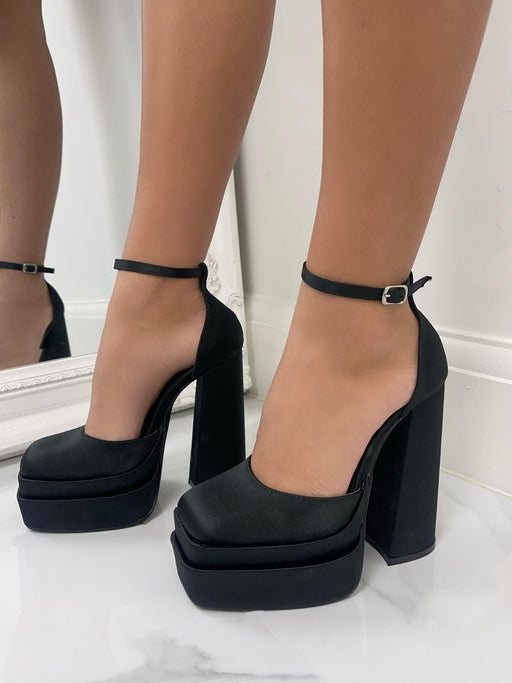 Donatella - Black Satin Platform Block Heels