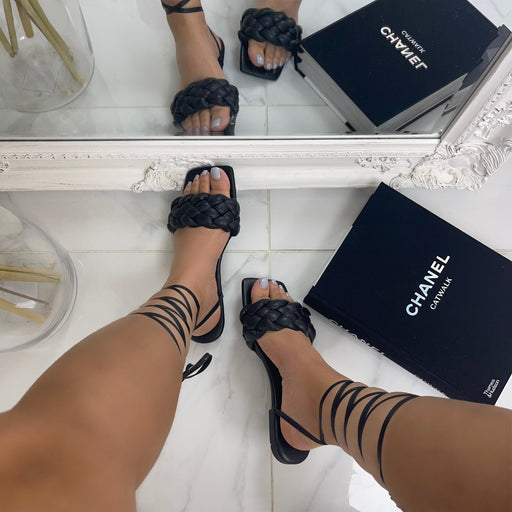 Riri - Black Plaited Detail Square Toe Tie Up Slip On Flat Sandals