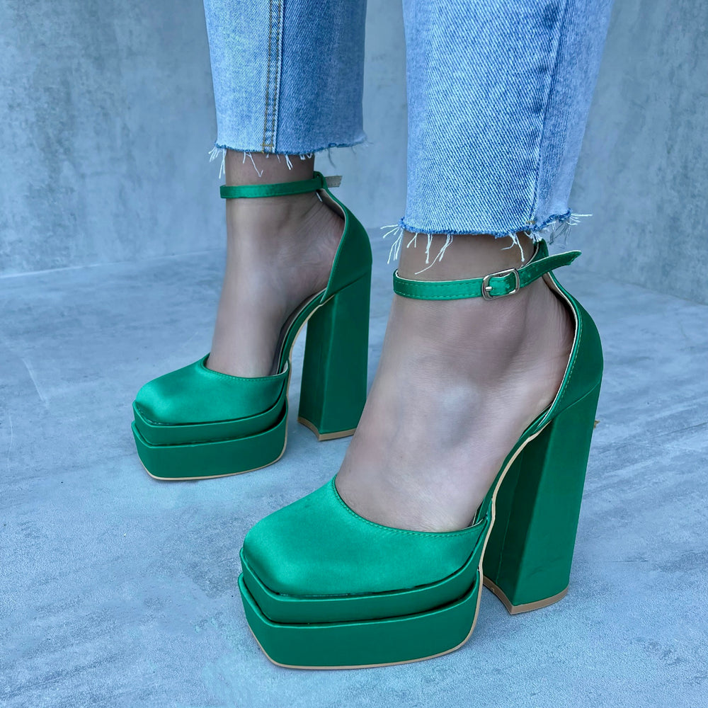 Donatella - Emerald Green Satin Platform Block Heels