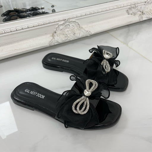 Henney - Black Organza Bow Square Toe Silver Detail Slip On Sandals