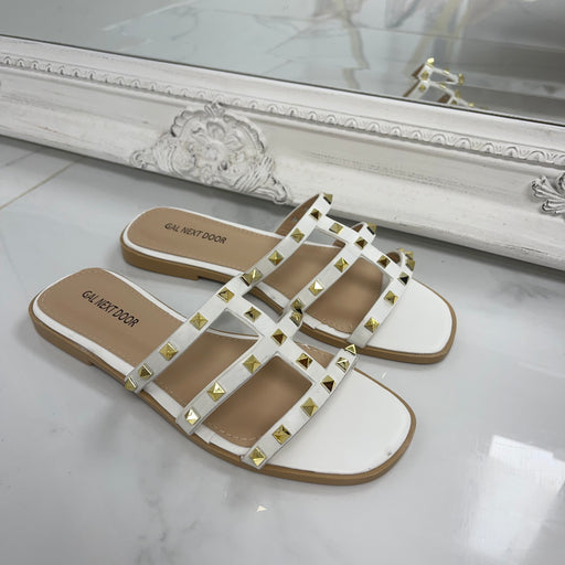 Ruby - White Gold Studs Strappy Sandals