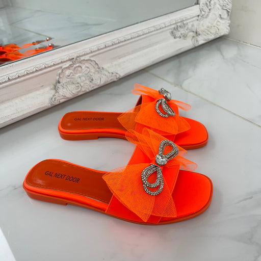 Henney - Orange Organza Bow Square Toe Silver Detail Slip On Sandals