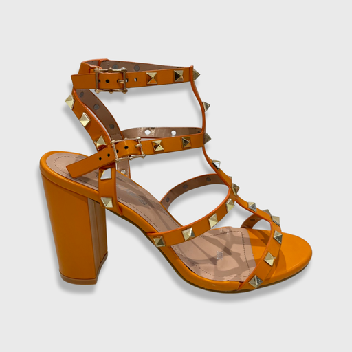 Roxanne - Orange Strappy with Gold Stud Detail Block Heels