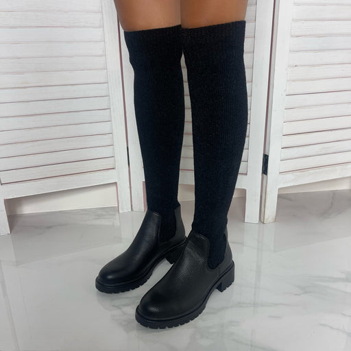 Jenner - Black Faux Leather with Stretch Thigh High Long Boots