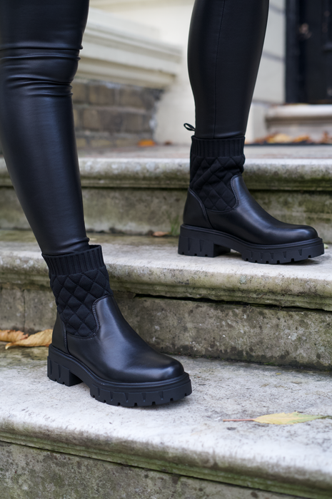 Josie - Black Faux Leather with Quilted Fly Knit Chunky Sole Ankle Boots