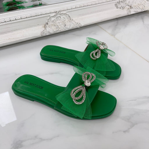 Henney - Green Organza Bow Square Toe Silver Detail Slip On Sandals
