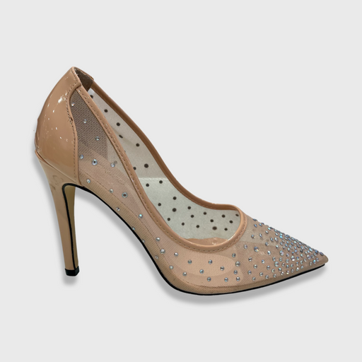 Sofia  - Nude Patent Mesh Diamante Pointed Toe Heels