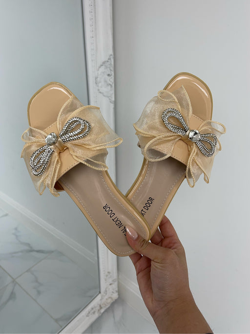 Henney - Nude Organza Bow Square Toe Silver Detail Slip On Sandals