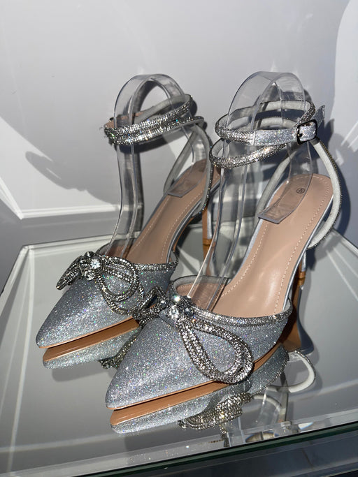 Francesca - Silver Glitter Wrap Around Diamante Bow Pointed Toe Mid Heels