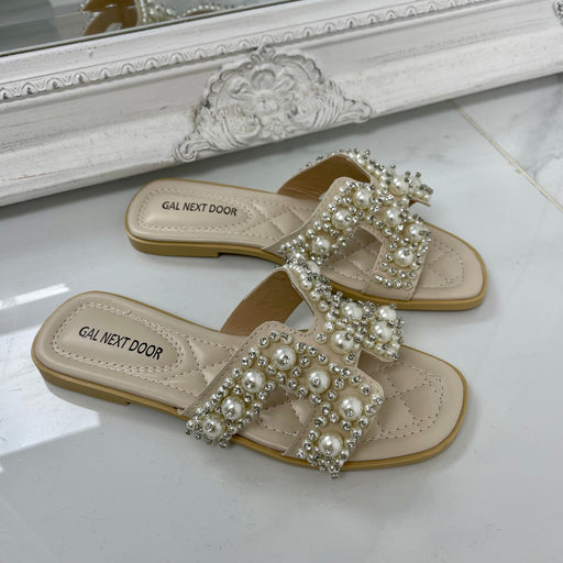 Penelope - Nude with Pearl H Style Square Toe Slip On Sandals